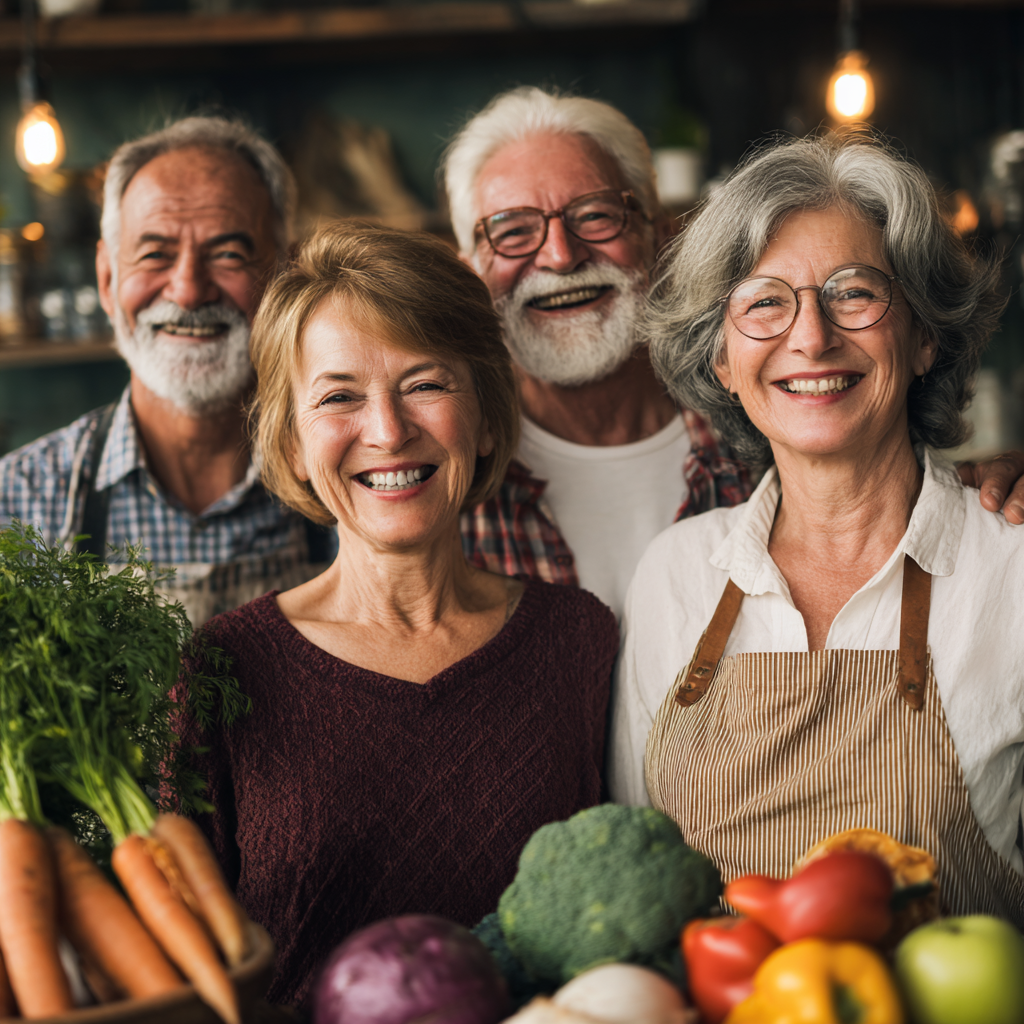 Mosolygó magyar családapa és anyuka közösen készítenek egészséges ételt a konyhában, friss zöldségekkel és gyümölcsökkel körülvéve