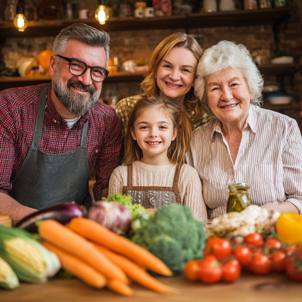 Középkorú magyar nő mosolyogva tervez heti menüt, laptoppal és friss alapanyagokkal körülvéve a konyhában
